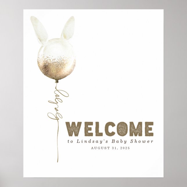 Póster Signo de bienvenida de Baby Shower en globo conejo (Frente)