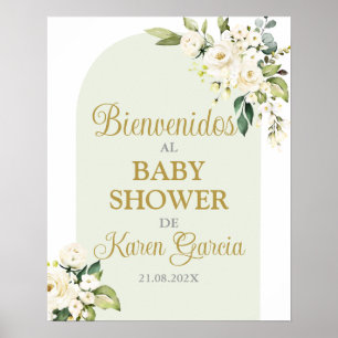 Póster Signo de bienvenida de Baby Shower Floral blanca