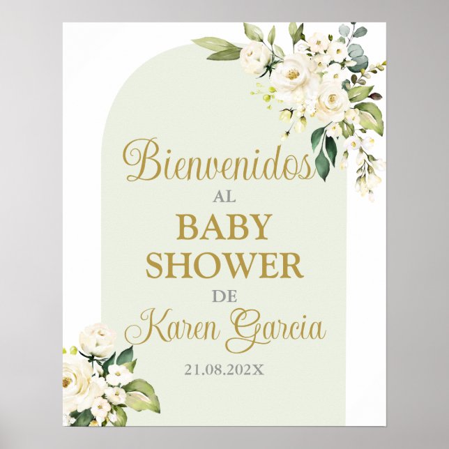 Póster Signo de bienvenida de Baby Shower Floral blanca (Frente)