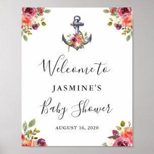 Póster Signo de bienvenida de Baby Shower floral de ancla