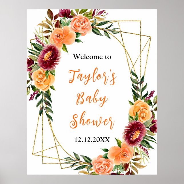Póster Signo de bienvenida de Baby Shower floral Naranja  (Frente)