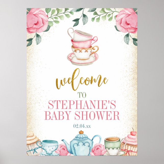Póster Signo de bienvenida de Baby Shower floral para el  (Frente)