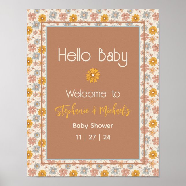 Póster Signo de bienvenida de Baby Shower floral Retro Bo (Frente)