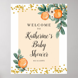 Póster Signo de bienvenida de Baby Shower gemela naranjas