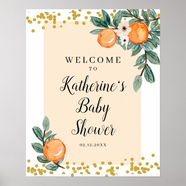 Póster Signo de bienvenida de Baby Shower gemela naranjas (Frente)