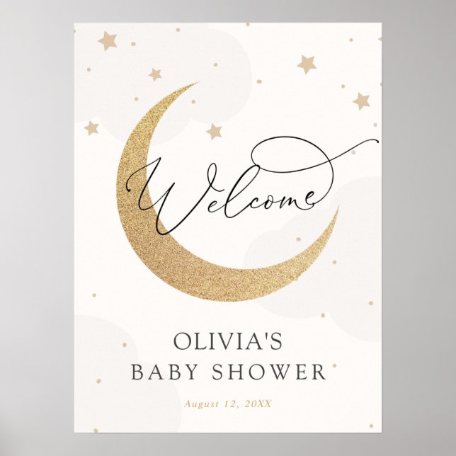 Póster Signo de bienvenida de Baby Shower gris en Moon an (Frente)