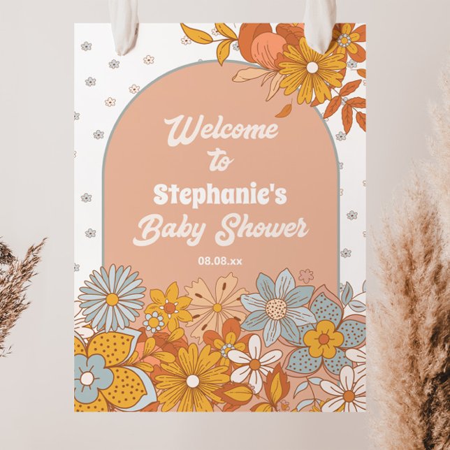 Póster Signo de bienvenida de Baby Shower Groovy Flower R (Subido por el creador)
