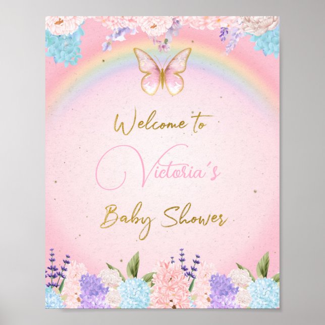 Póster Signo de bienvenida de Baby Shower, mariposas arco (Frente)