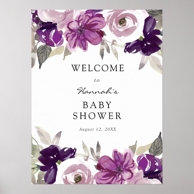 Póster Signo de bienvenida de Baby Shower morado floral (Frente)
