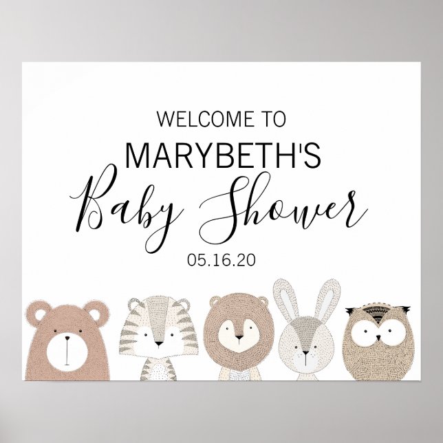 Póster Signo de bienvenida de Baby Shower para animales s (Frente)