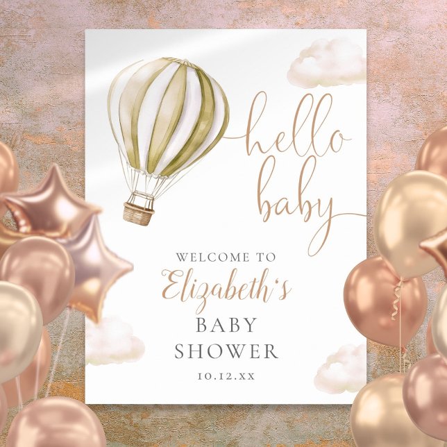 Póster Signo de bienvenida de Baby Shower para el globo d (Cute Hot Air Balloon Baby Shower Welcome Sign)