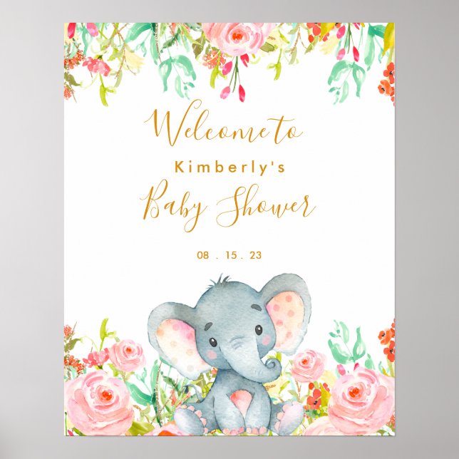 Póster Signo de bienvenida de Baby Shower para elefante f (Frente)