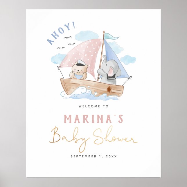 Póster Signo de bienvenida de Baby Shower para elefante y (Frente)