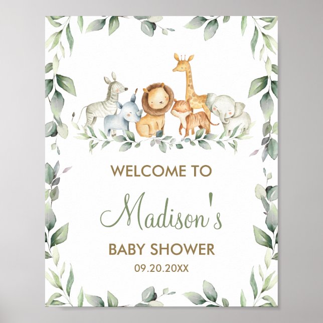 Póster Signo de bienvenida de Baby Shower para los animal (Frente)