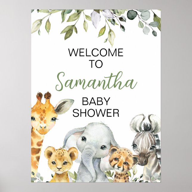 Póster Signo de bienvenida de Baby Shower para los animal (Frente)