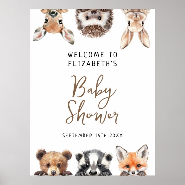 Póster Signo de bienvenida de Baby Shower para los animal (Frente)