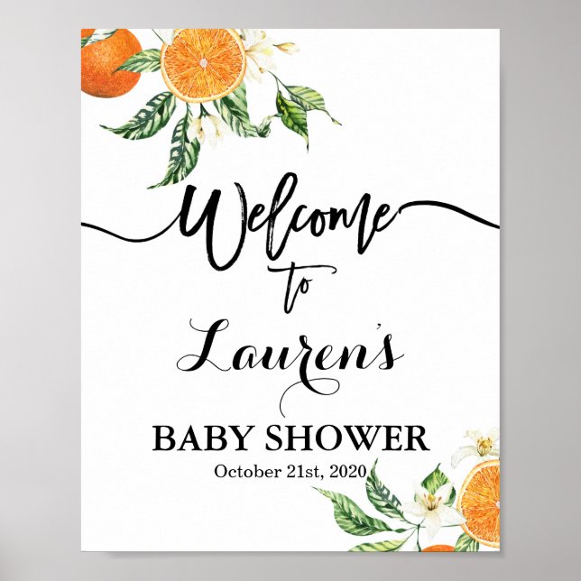 Póster signo de bienvenida de Baby Shower para naranjas (Frente)