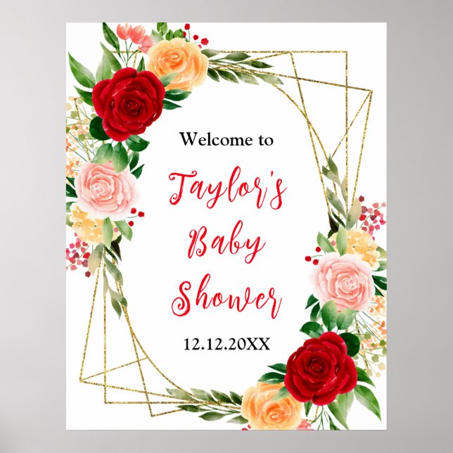 Póster Signo de bienvenida de Baby Shower para Rosas romá (Frente)