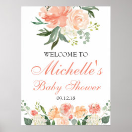 Póster Signo de bienvenida de Baby Shower Peach Floral Bo