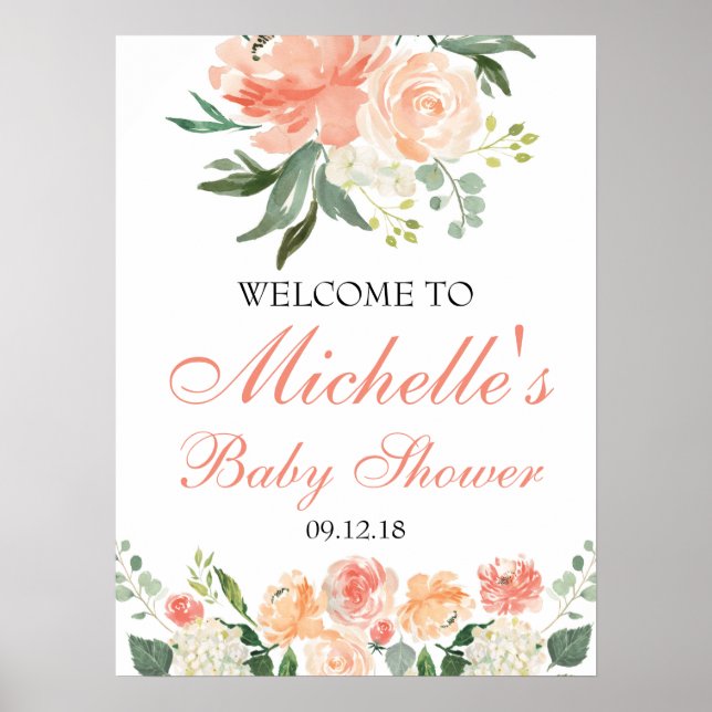 Póster Signo de bienvenida de Baby Shower Peach Floral Bo (Frente)
