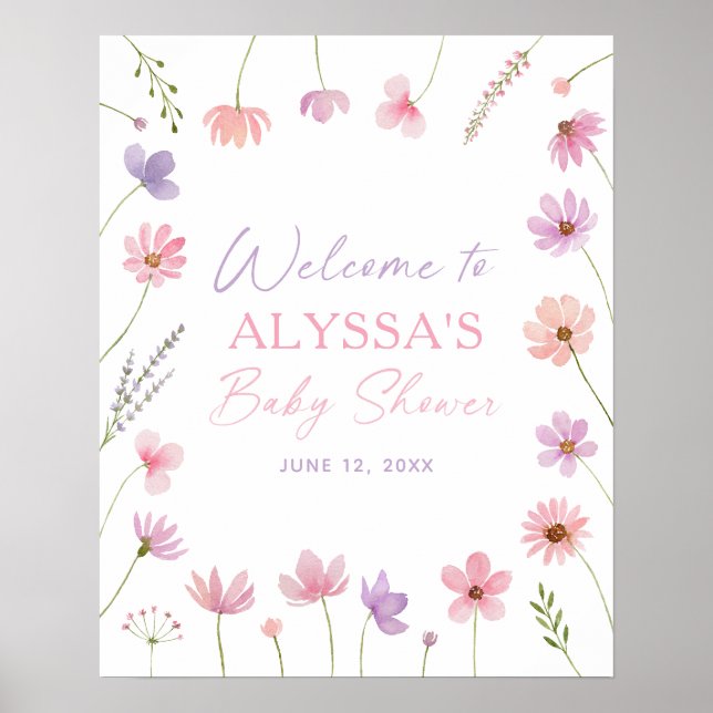 Póster Signo de bienvenida de Baby Shower Pink Purple Wil (Frente)