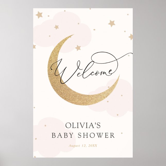 Póster Signo de bienvenida de Baby Shower rosa para lunas (Frente)