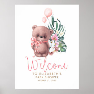 Póster Signo de bienvenida de Baby Shower rosado para Oso