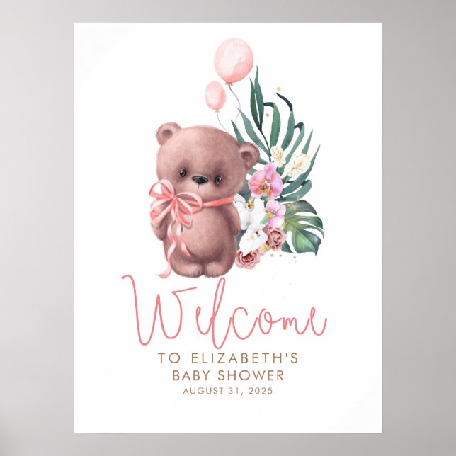 Póster Signo de bienvenida de Baby Shower rosado para Oso (Frente)