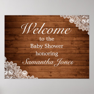 Póster Signo de bienvenida de Baby Shower Rustic Wood & W