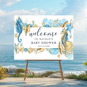 Póster Signo de bienvenida de Baby Shower Sea Blue & Gold