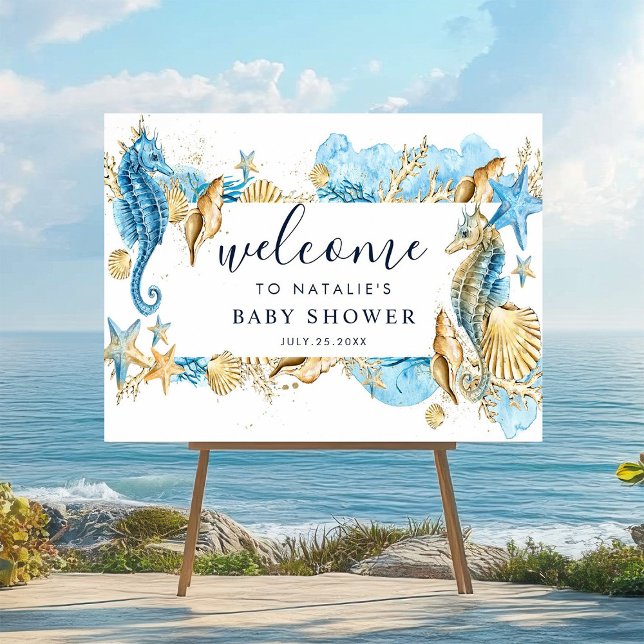 Póster Signo de bienvenida de Baby Shower Sea Blue & Gold (Subido por el creador)