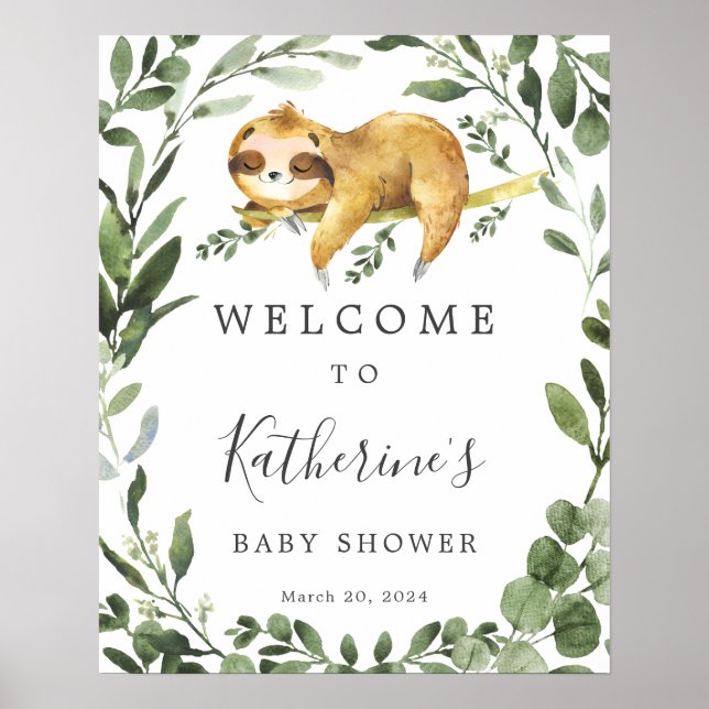 Póster Signo de bienvenida de Baby Shower Sleeping Sloth (Frente)