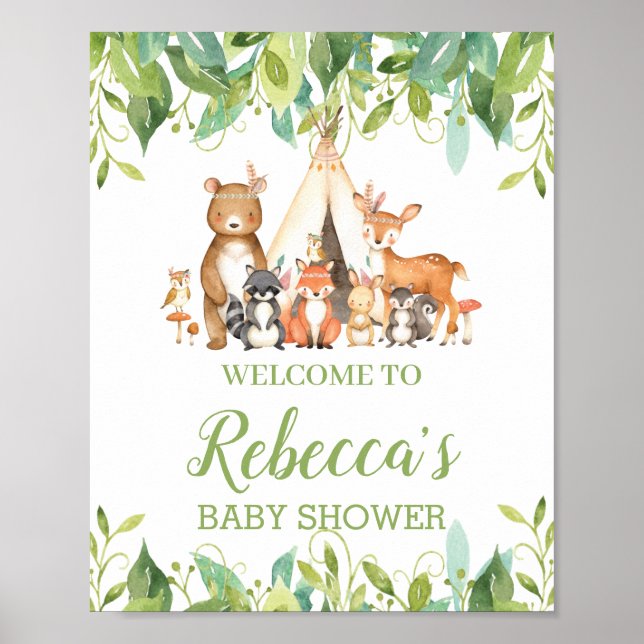 Póster Signo de bienvenida de Baby Shower Tribal Woodland (Frente)
