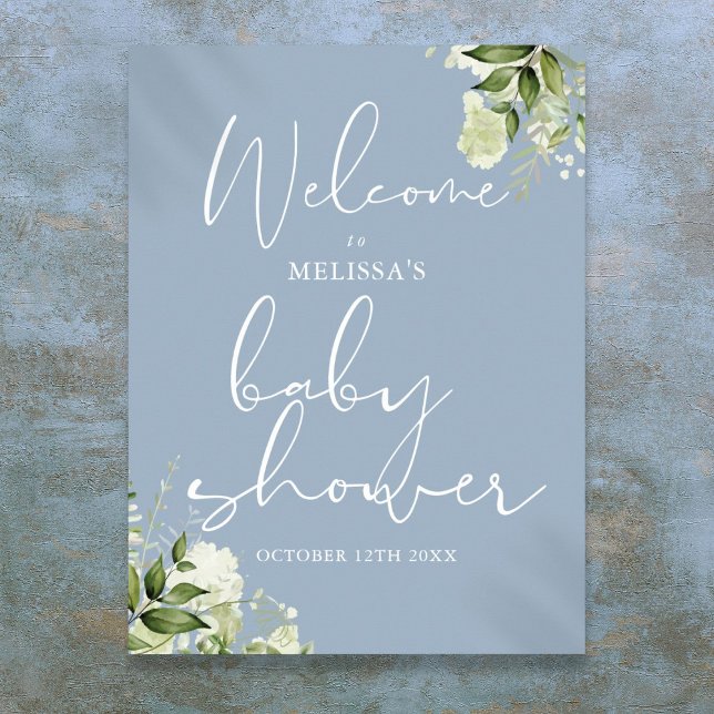 Póster Signo de bienvenida de Baby Shower verde azul turb (Greenery Dusty Blue Baby Shower Welcome Sign)