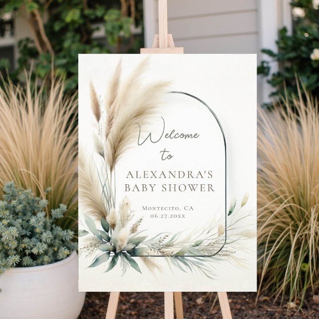 Póster Signo de bienvenida de Baby Shower verde Boho Pamp (baby shower welcome sign pampas grass greenery boho chic)