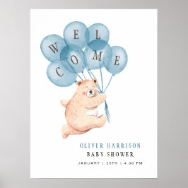 Póster Signo de bienvenida de Bear Blue Balloons Boy Baby