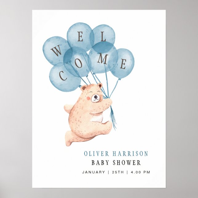 Póster Signo de bienvenida de Bear Blue Balloons Boy Baby (Frente)