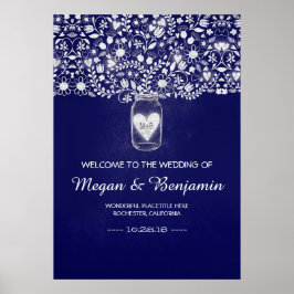 Póster Signo de bienvenida de Blue Floral Mason Jar Boda