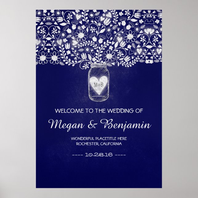 Póster Signo de bienvenida de Blue Floral Mason Jar Boda (Frente)