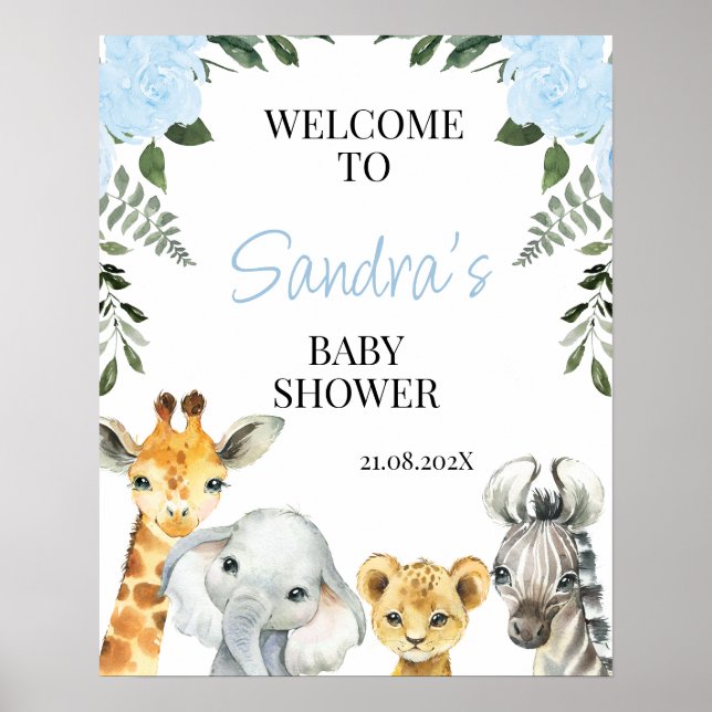 Póster Signo de bienvenida de Blue Floral Safari Baby Sho (Frente)