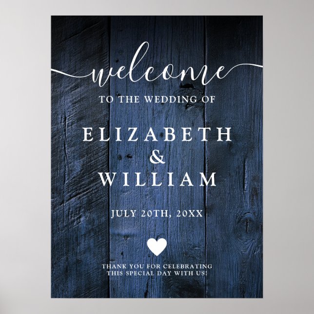 Póster Signo de bienvenida de Blue Rustic Wood Barn Boda (Frente)
