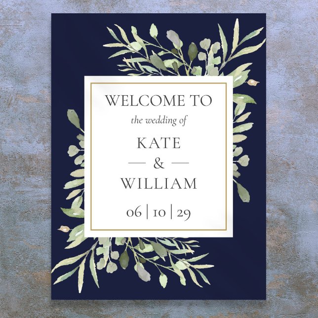 Póster Signo de bienvenida de Boda azul de la marina verd (Greenery Navy Blue Wedding Welcome Sign)