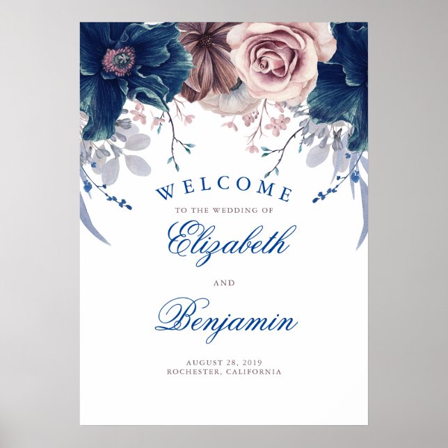 Póster Signo de bienvenida de Boda azul y malva de la mar (Frente)