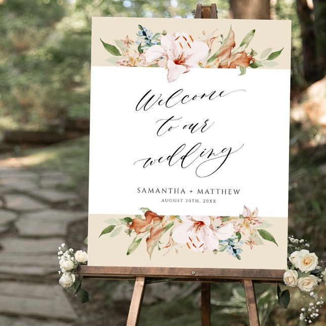Póster Signo de bienvenida de Boda beige elegante en flor (Subido por el creador)