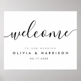 Póster Signo de bienvenida de Boda blanco negro con guión