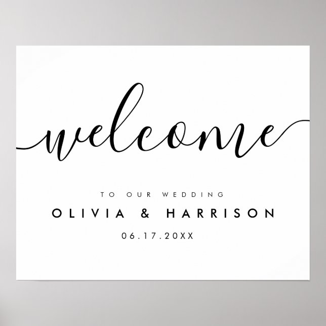 Póster Signo de bienvenida de Boda blanco negro con guión (Frente)