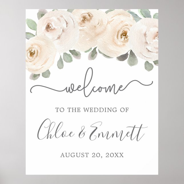 Póster Signo de bienvenida de Boda botánico de rosa blanc (Frente)