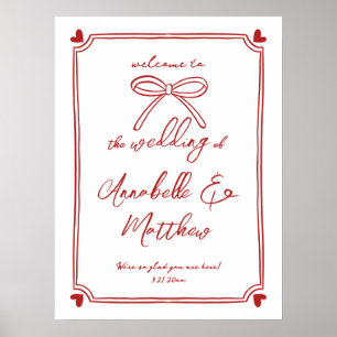 Póster Signo de bienvenida de Boda caprichoso rojo con ar