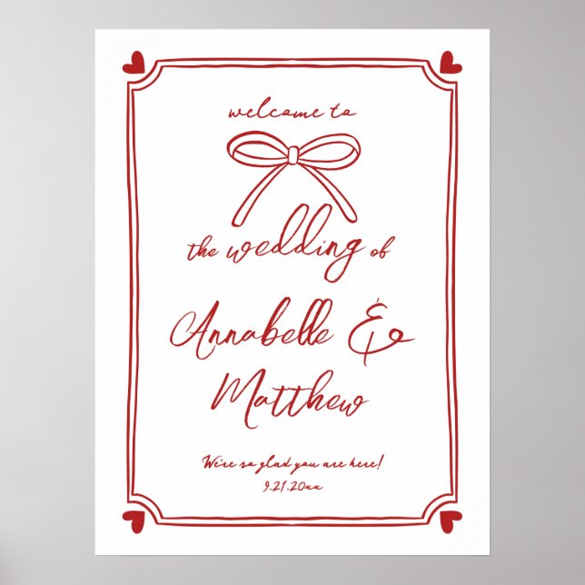 Póster Signo de bienvenida de Boda caprichoso rojo con ar (Frente)