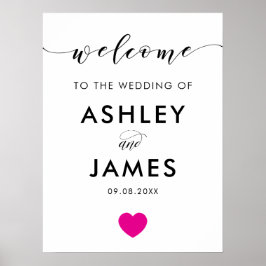 Póster Signo de bienvenida de Boda cardíaco de Fuchsia, r